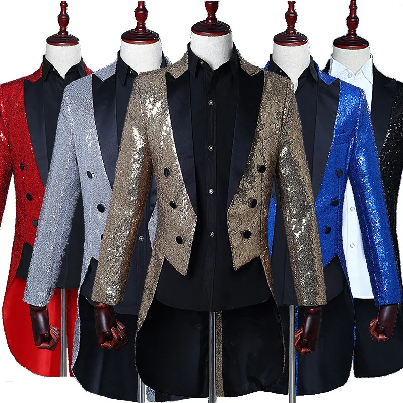 

Magician Sequins Tailcoat Men's Stage Performance Dress Coat Nightclub Bar Host Bel cantata conductor men blazer slim fit