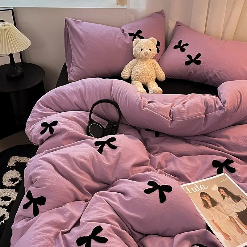 INS Bowknot Duvet Cover Solid Color Bed Linens Pillowcases Luxury Purple Black Bedding Set For Girls Woman Decor Home