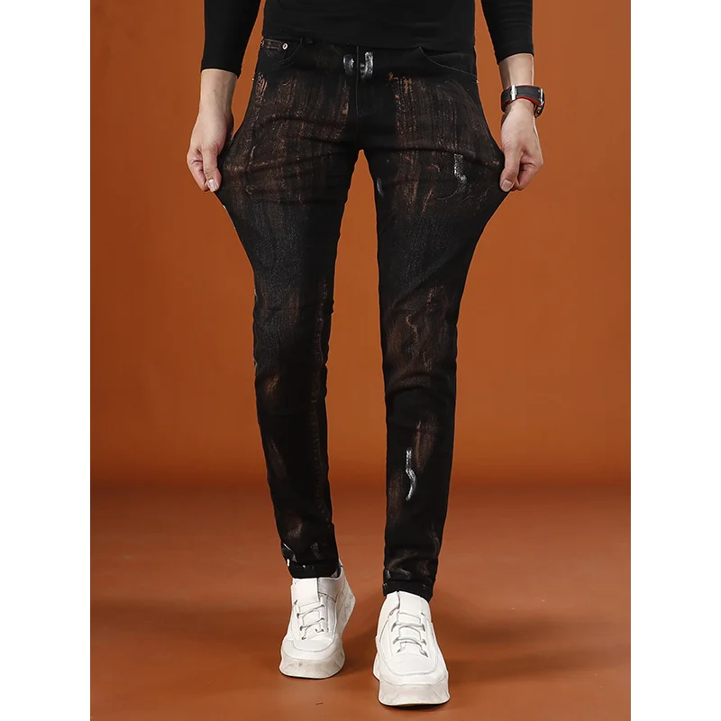 

Ретро винтажные мужские брюки с принтом, осень 2021, новый тренд, уличная мода, эластичные джинсы для мужчин