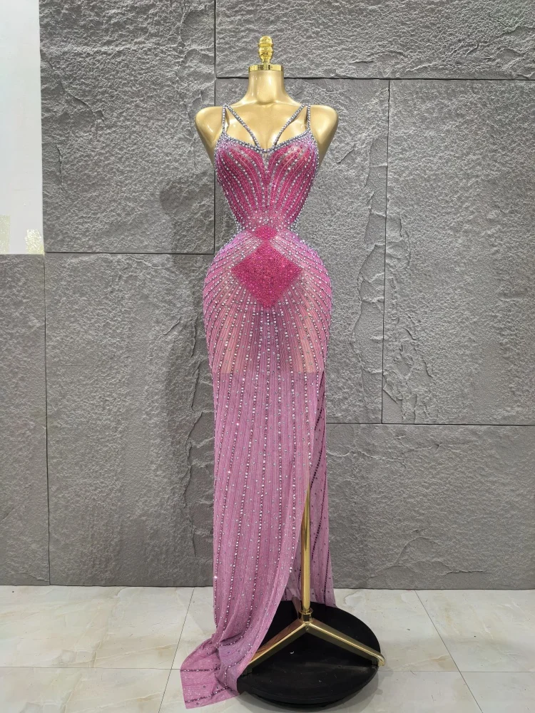 

Pink Color Women Sleeveless Sexy V-Neck Mesh See Through Bodycon Floor-Length Mermaid Dress Shinning Rhinestones Evening Wear