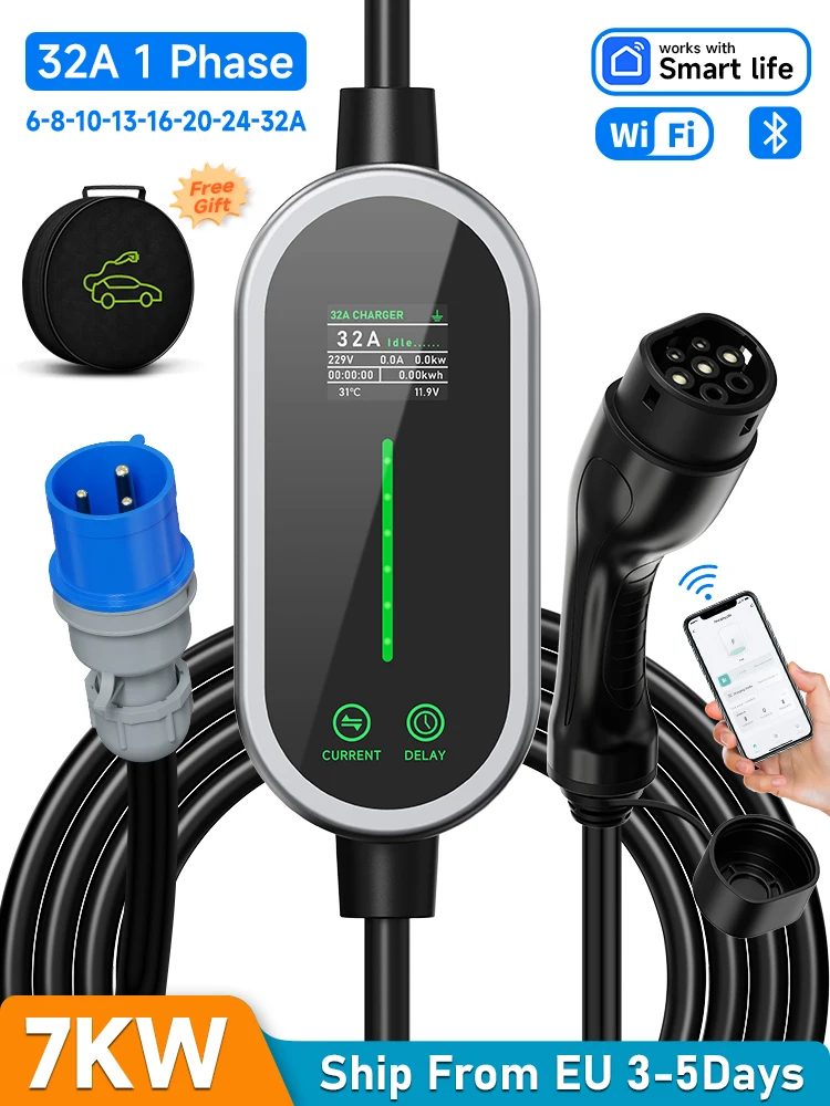AFEEV 7KW 32A 1Phase Tragbares EV-Ladegerät Typ2 EVSE Schnellladekabel Wallbox CEE-Stecker WiFi APP Bluetooth-Steuerung