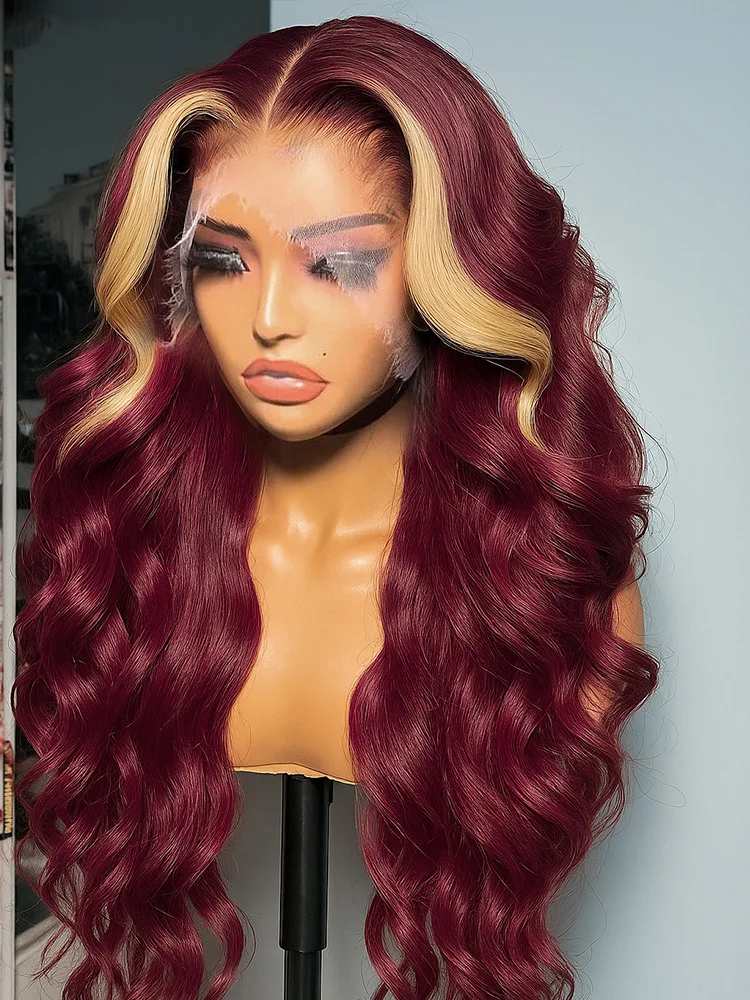 99j_613 omber loira com vermelho borgonha 100% peruca de cabelo humano brasileiro pré arrancado 13x4 hd transparente onda do corpo perucas frontais do laço