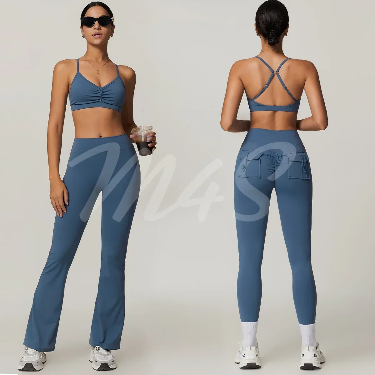 

Gym Workout Set Matching Sets for Women Yoga Set Ensemble Femme 2 Pieces Sport Suit Pockets Flared Pants Fitness Shorts Leggings