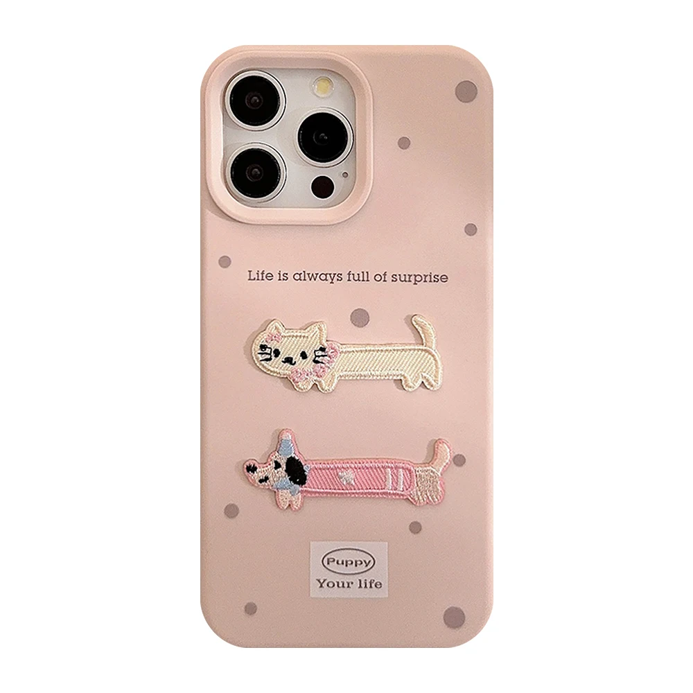 Cartoon INS Light Pink Embroidery Animlas Polka Dots Phone Case for iPhone 16 15 14 13 Pro Max Back Phone Cover for 12 Pro Capa