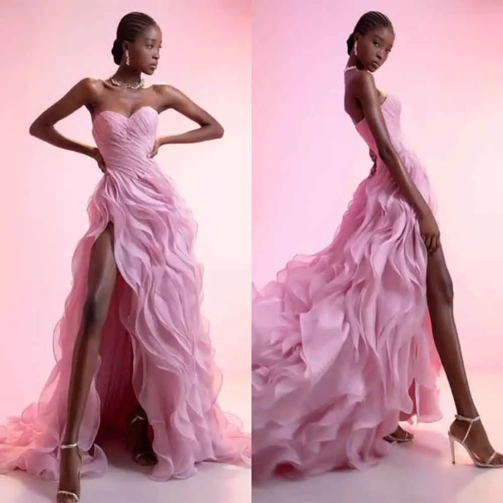 

High Quality Customized Floor Length Wrinkle Sweetheart High Fork Sleeveless Robes De Soirée Vestidos De Fiesta Para Bodas Dress