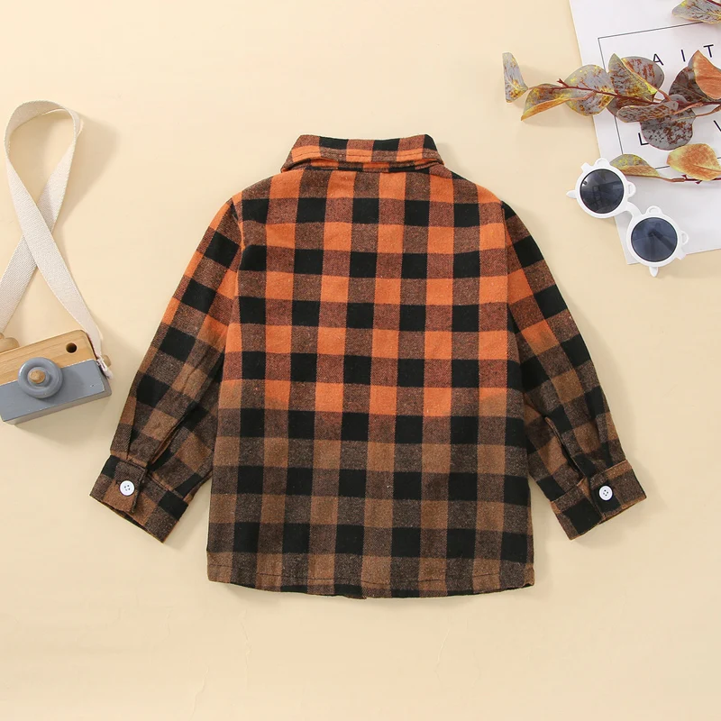 Children s Unisex Fall Winter Jacket Stylish Plaid Print Lapel Coat with Long Sleeves and Button Closure