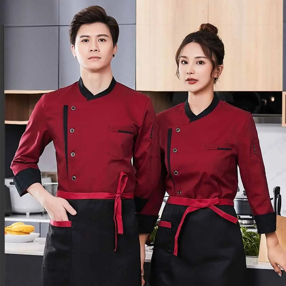 Long Sleeve Chef Uniform Breathable Thickened Chef Jacket Black/White/Red Western Style Kitchen Work Clothes Bakery Cooking