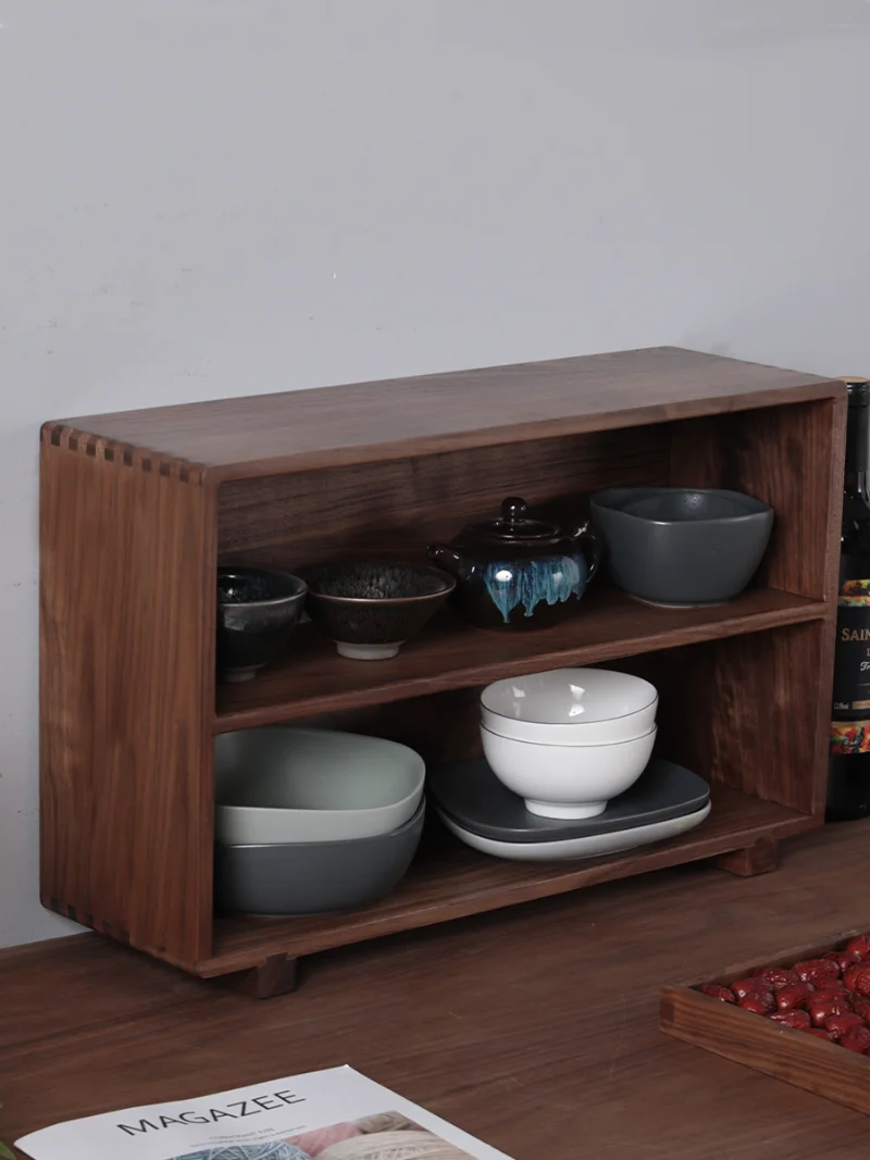 Solid wood water Cup storage box Desktop Cup storage cabinet Teacup Tea locker Wooden double layer storage rack