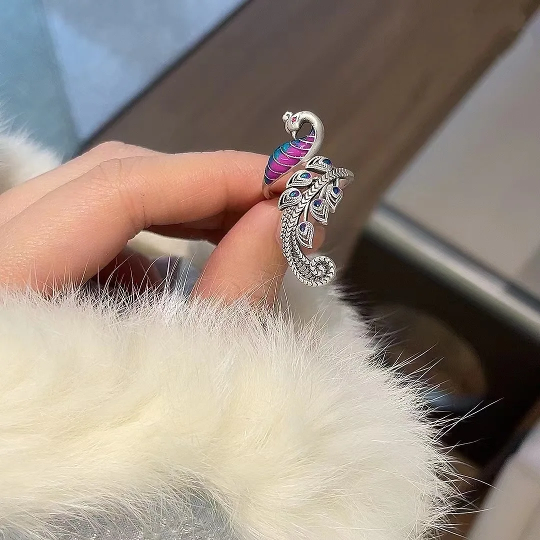 PANJBJ 925 Sterling Silver Animal Rings For Women Peacock Multicolour Feather Irregular Drip Glaze Jewelry Gift Dropshipping