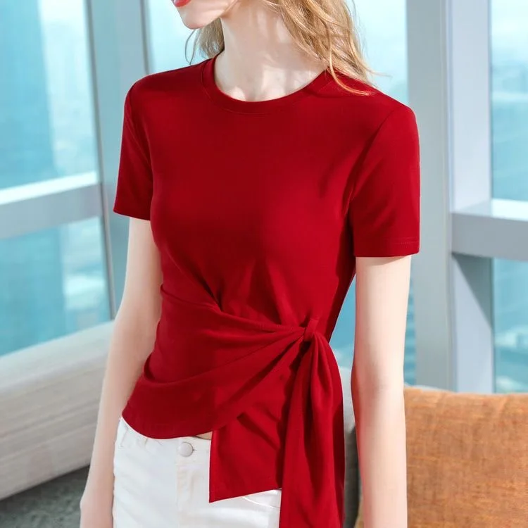 Women Knitted Shirts Tops Lady Casual O-Neck Short Sleeve Tie decor Slim Red color Blusas Tops QT049