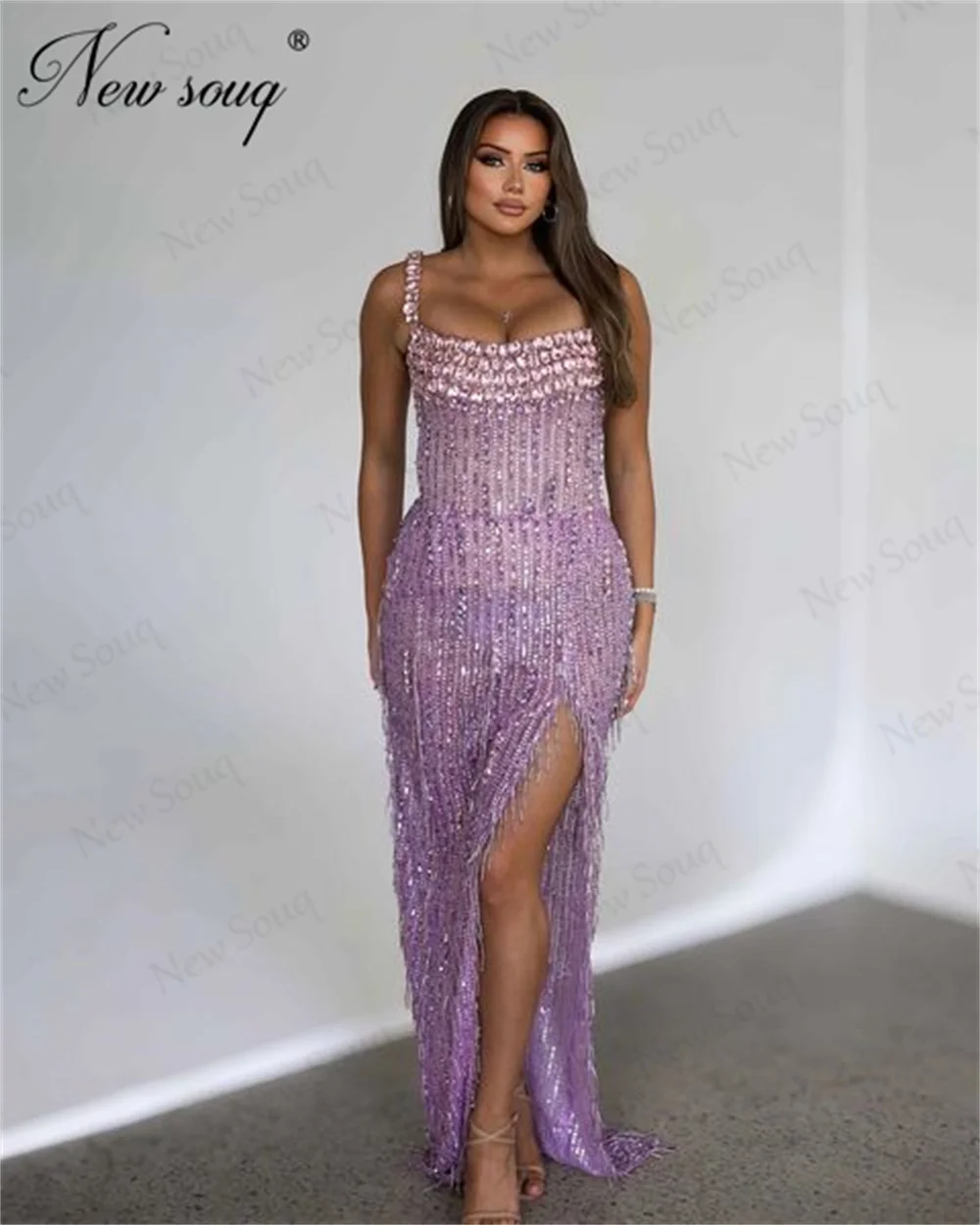 

Customize Splir Side Formal Prom Dresses Arabic Dubai Purple Beaded Crystals Cocktail Dress Wedding Party Gowns Evening Dress