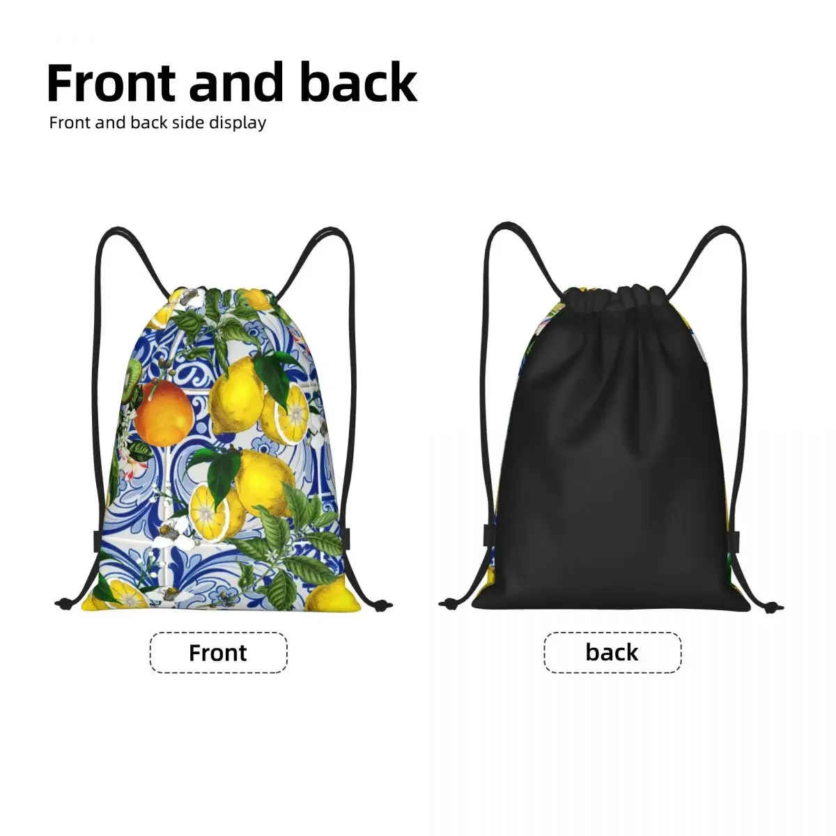 Mediterranean Lemon On Blue Ceramic Tiles Drawstring Backpack Sports Gym Bag for Women Men Summer Citrus Fruit Shopping Sackpack