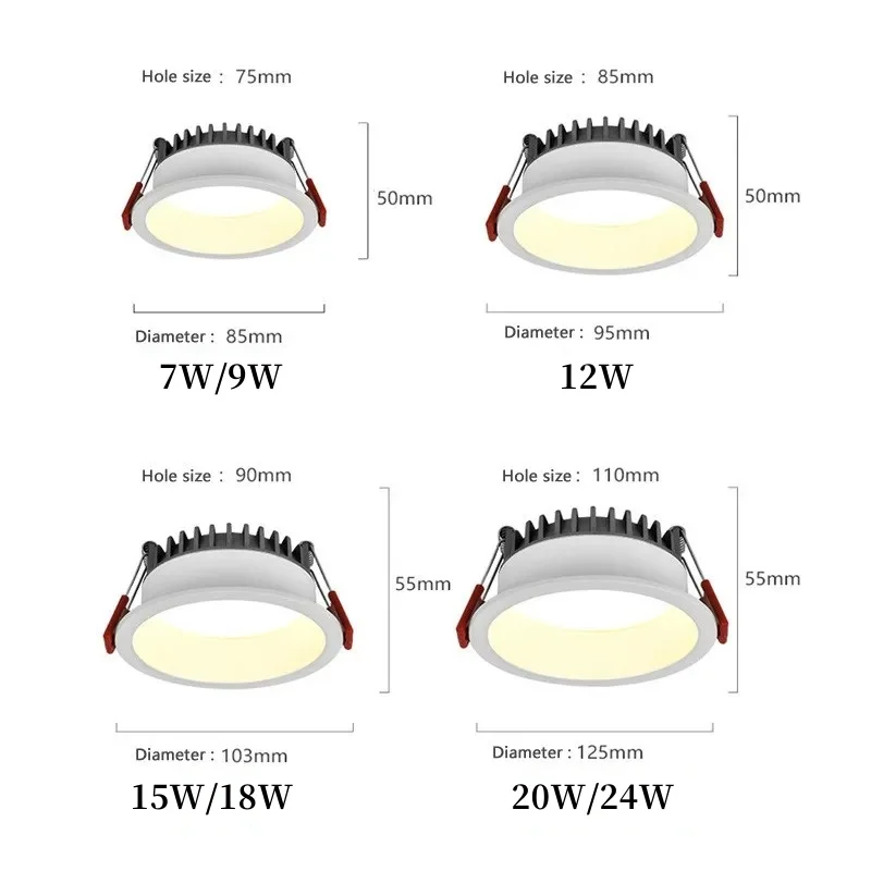 Wpuszczana oprawa ledowa typu Downlight lampa sufitowa 7W 9W 12w 15w 18W 24W reflektor 110V 220V oświetlenie sufitowe