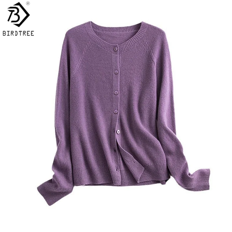 Birdtree, 100% Sheep Wool Soft Cardigan, O-neck Long Sleeve Tops, Women's Seamless Knitted Chic Coat, 2026 Autumn New T69514JF