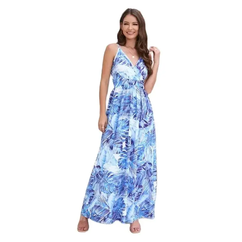 Fashion Lady Bohemian Printed Dress Sexy Elegant V-neck Strap Long Dress Sleeveless Strap Floral Hawaii Maxi Dresses