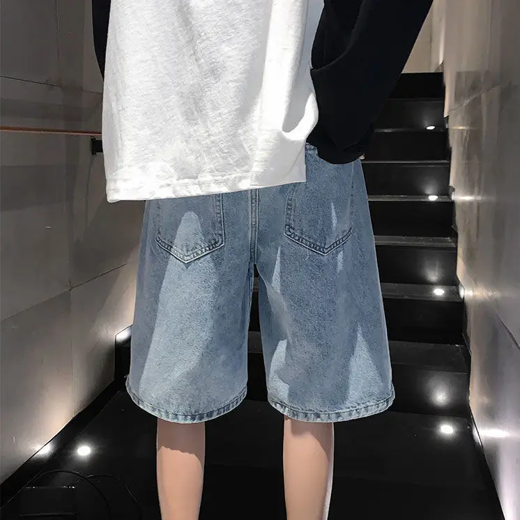 American style cross denim shorts men summer thin section Hong Kong style loose five-point pants trendy brand retro casual pants