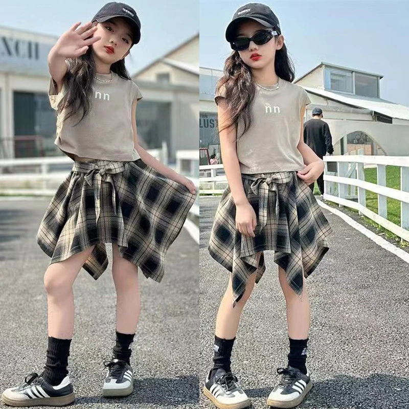 Summer Girls Clothing Set Solid Color Letter Print T-shirt+Plaid Irregular Skirt 2Pcs For 5-14 Years Teen Kids Fashion Outfit