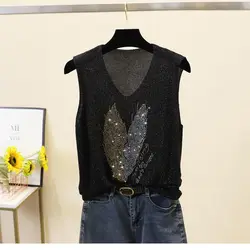 2022 New Rhinestone korean Summer knit Tank Top for Women Sleeveless Knit vest Top White Black Women's loose Camisole tops Black