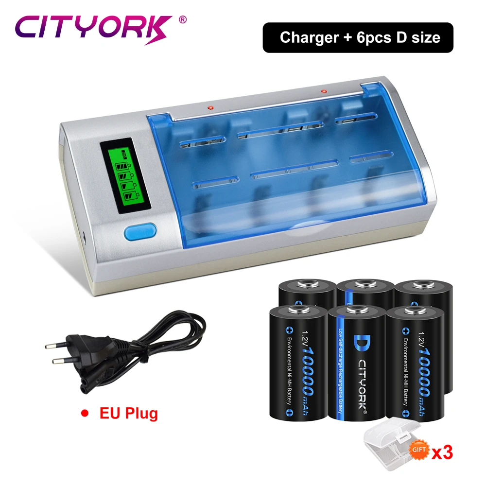 CITYORK-batería recargable de tamaño D R20, 1,2 V, LR20, NI-MH, tipo D, AAA, AA, C, D, Szie, cargador de batería de 9V
