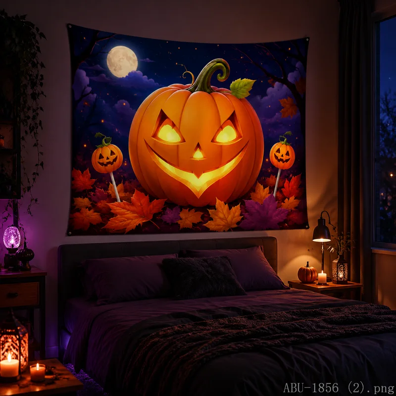 VIKAMA Halloween Jack-o-Lantern Tapestry Autumn Maple Leaf Evil Pumpkin Wall Hanging for Bedroom Home Decor