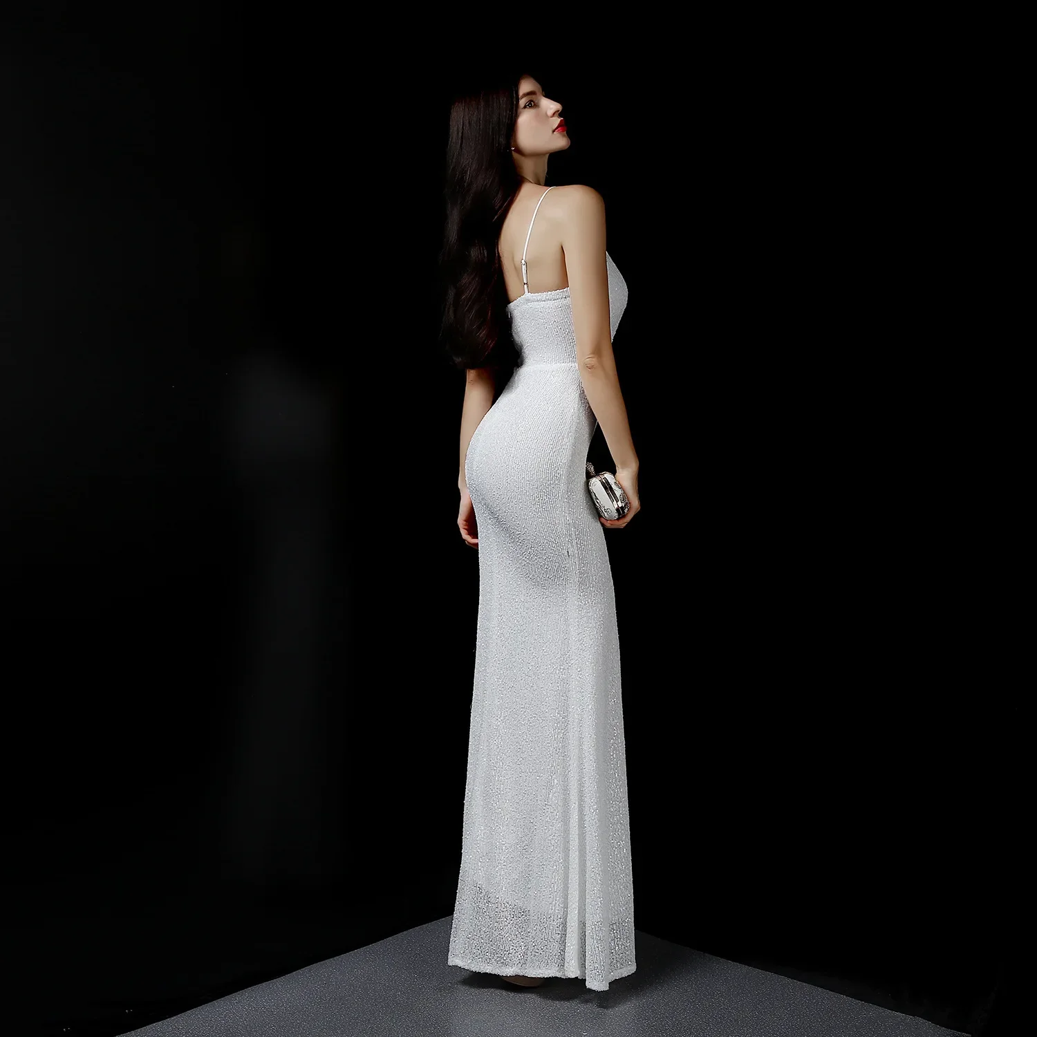 Vestido de noche blanco con lentejuelas para mujer, traje elástico con tirantes, cremallera trasera, sirena, trompeta, largo hasta el suelo, fiesta, Formal, YE005