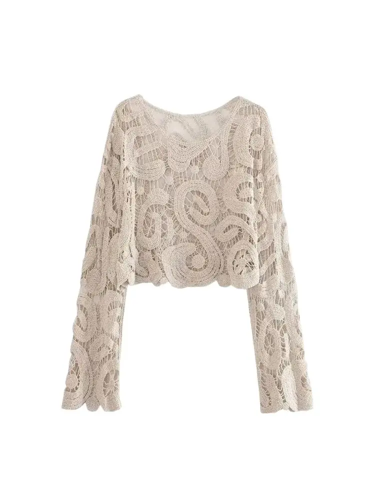Maglione lavorato a maglia all'uncinetto semitrasparente corto moda donna Top chic da donna a maniche lunghe con scollo a O sexy