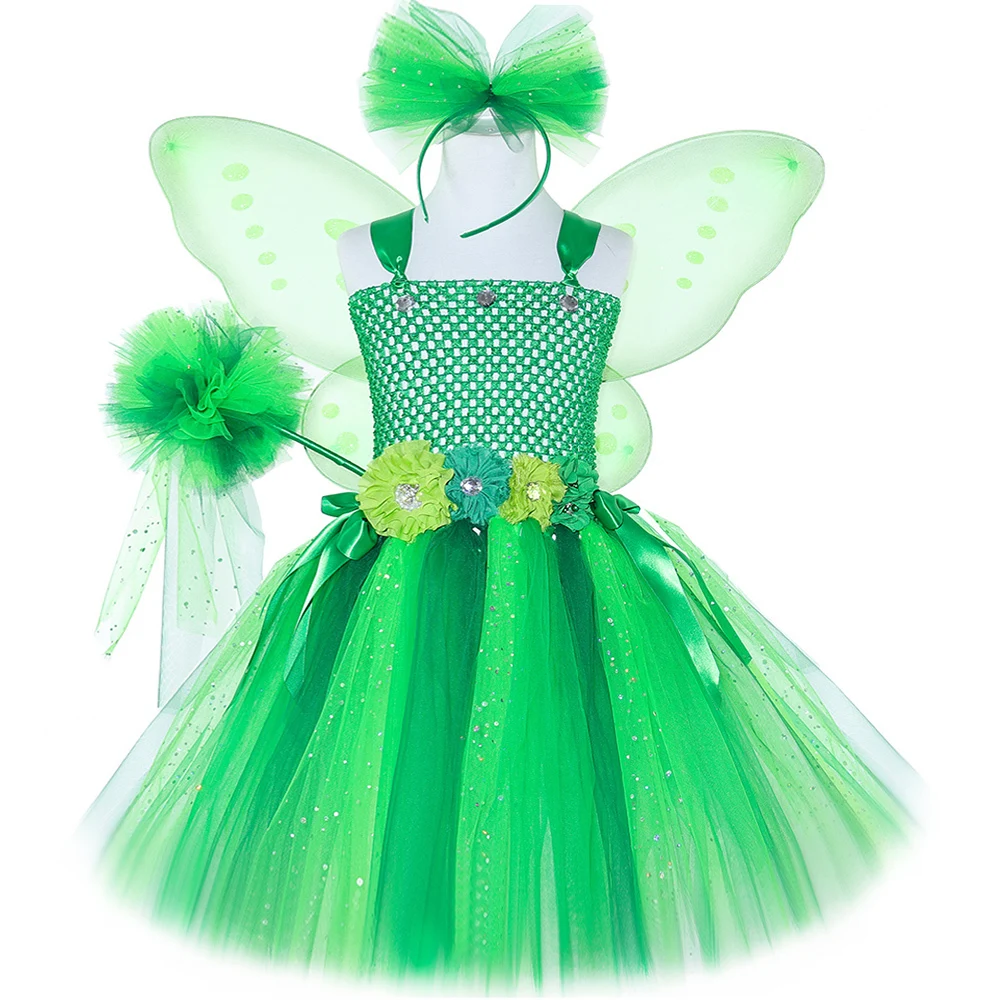 Sparkly Green Fairy Princess Costumes Girls Jungle Butterfy Fairy Tutu Dress Outfit with Wings Kids Halloween Carnival Clothes