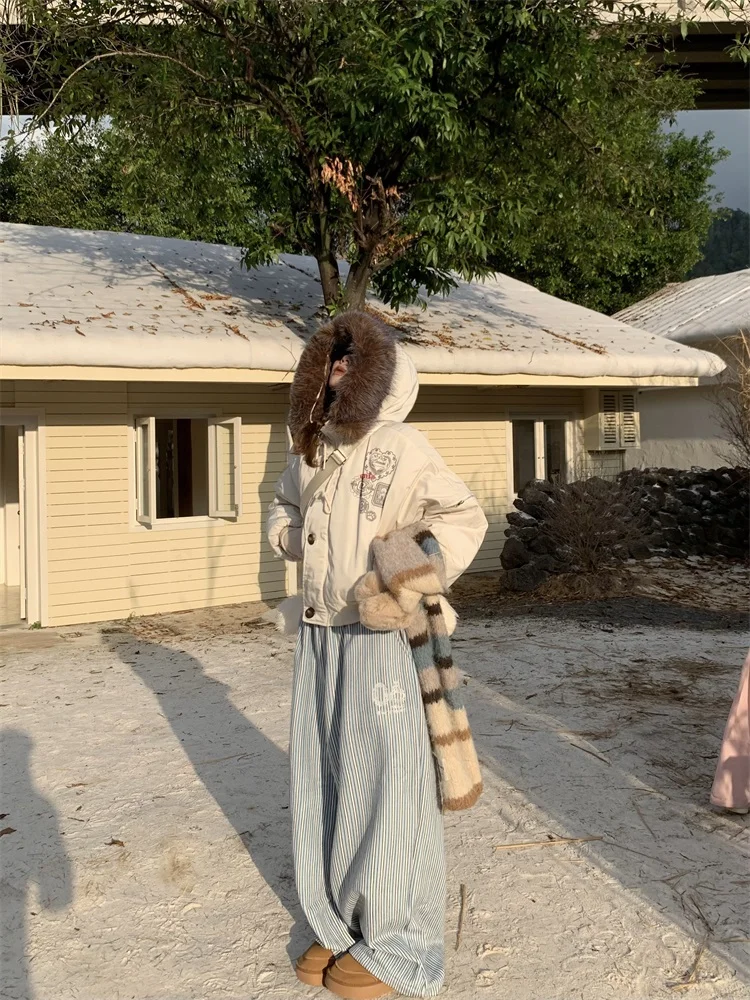 

Warm Detachable Fur Collar ort Thiened Cotton Jaet Winter Coat American Retro Sle Windproof Zipper Closure Women's Ou...