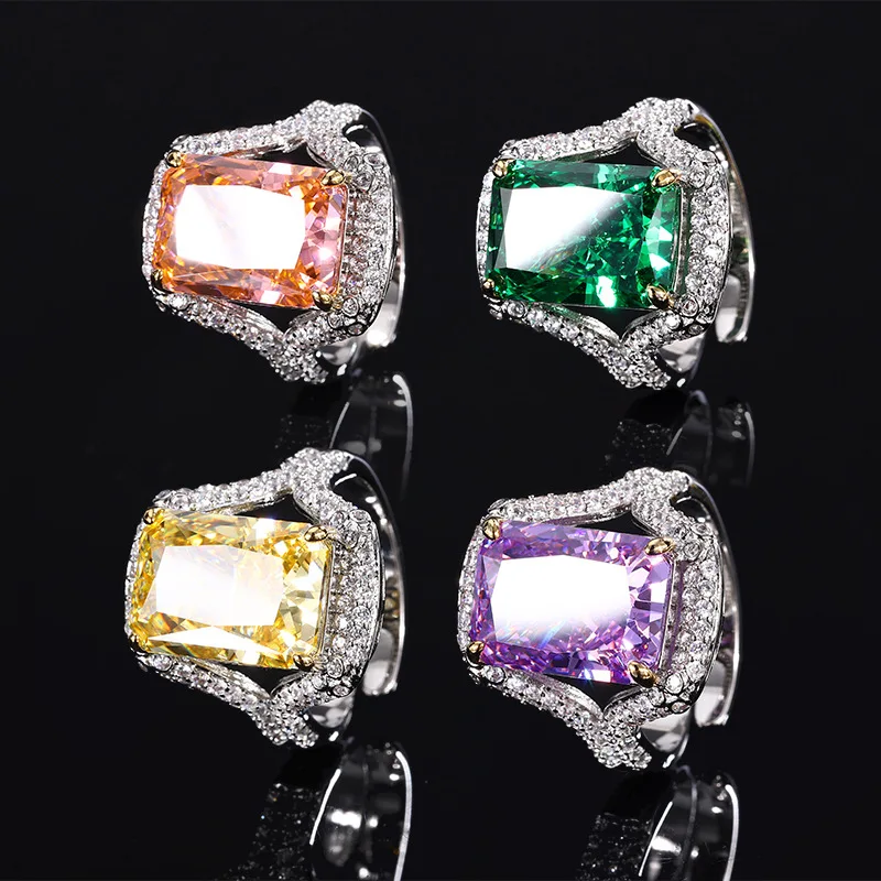 

Fine Jewelry Full 10*14mm Gem Crystal Adjustable Ring Yellow Pink Green Created Moissanite for Women Party Gift Free Shipping