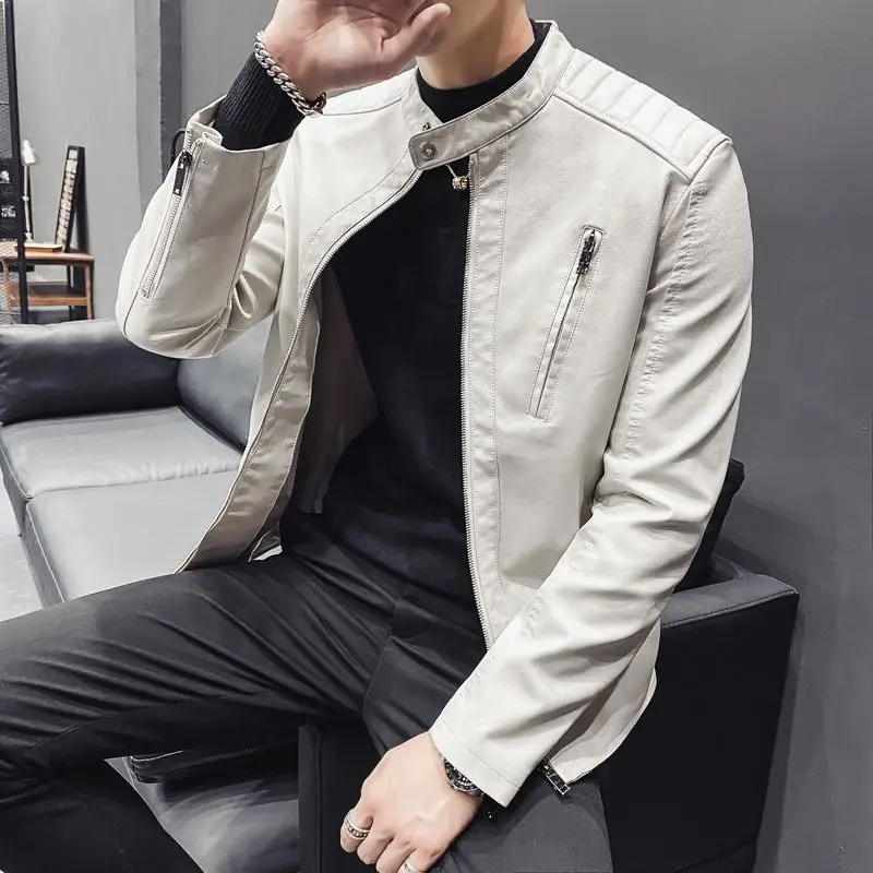 

2025 Men's Leather Biker Jacket Slim Fit Short Design Standing Collar for Autumn Casual Outfit with Pockets Youth Fashion Jacket