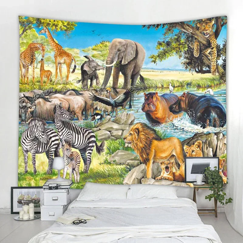 African Jungle Wild Animal Tapestry Rainforest Theme Wall Hanging, Safari Animals Giraffe Elephant Tapestries For Boys Adults