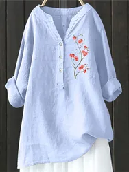 Spring Autumn Loose Casual Solid Shirts Women's Top Femme Fashion V-neck Buttons Long Sleeve Linen Tops And Blouses Women