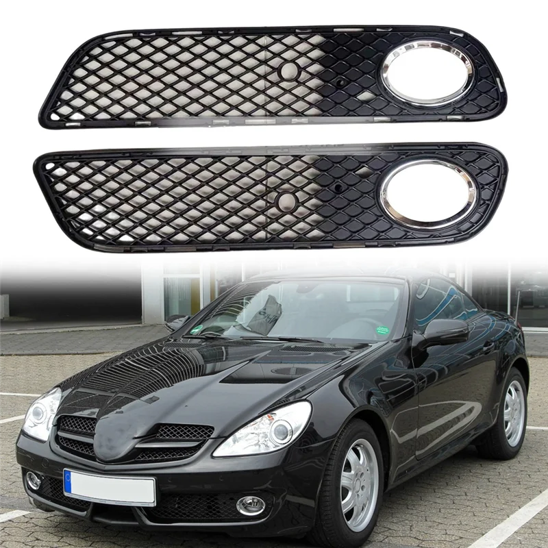 1Pair Car Front Bumper Fog Light Grille Fog Lamp Grill Cover with Chrome Ring for Benz SLK W171 R171 2009-2011