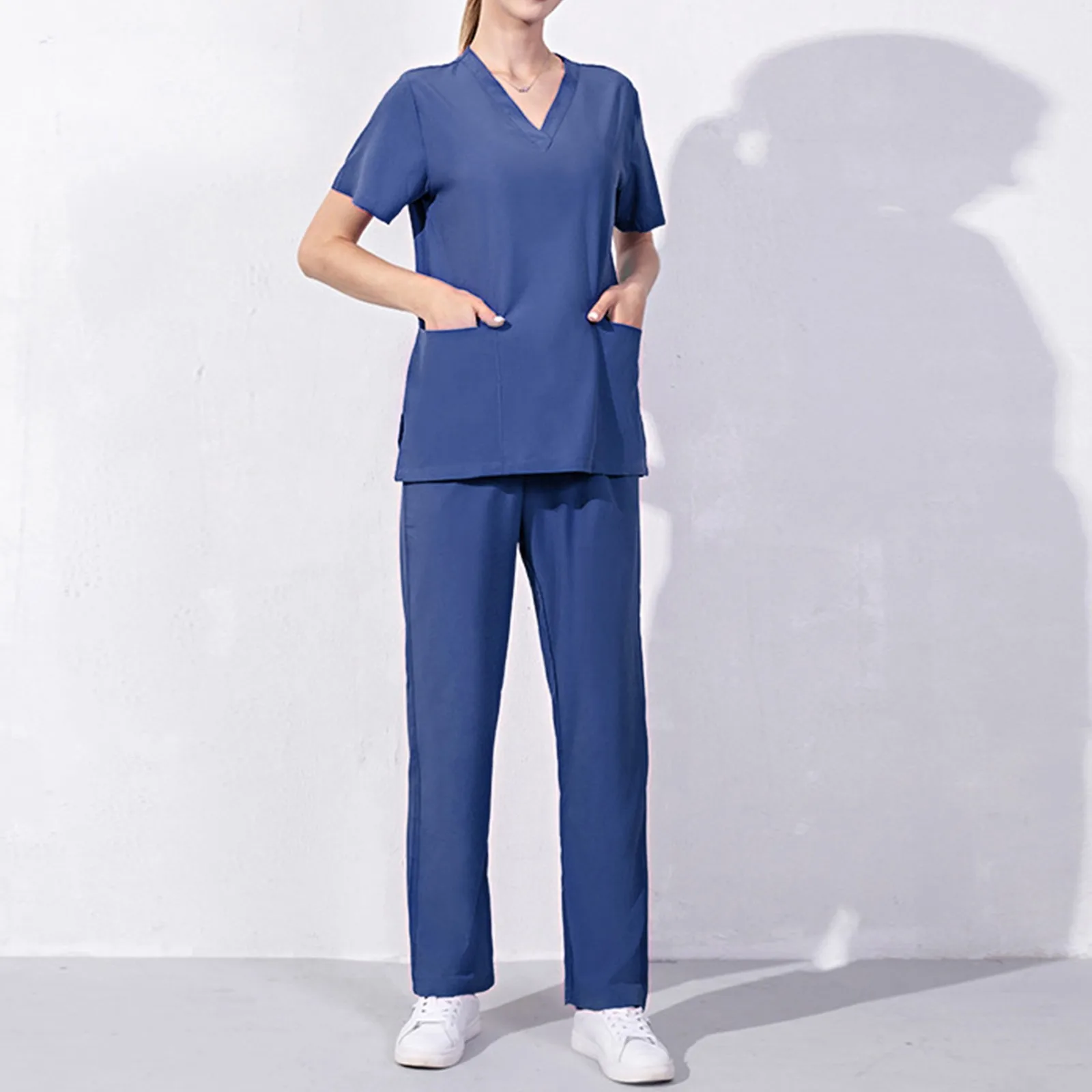 Multipocket Nursing Care Short Sleeve T-Shirt Nurse Uniform Working Clothes  For Women Basic V-Neck Casual Tee Long Pants Set