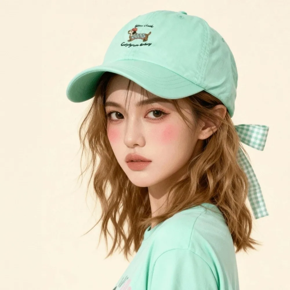 Neue Atmungsaktive Baseballkappe mit Schleife, Sonnenschutz-Entenschnabelmütze im Koreanischen Stil, Bestickter Hunde-Sonnenhut für Frühling/Sommer – Detail 2