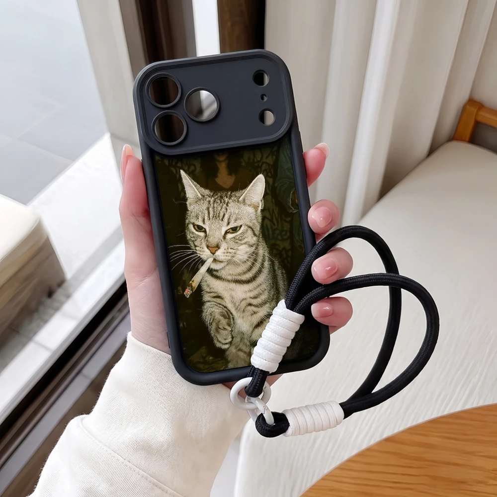 Handyhülle für iPhone 11 12 13 14 15 16 17 Pro Max 16 15 14 Pro Plus 17E Rauchendes Kätzchen Lanyard Stoßfeste Matte Silikonhülle – Detail 3
