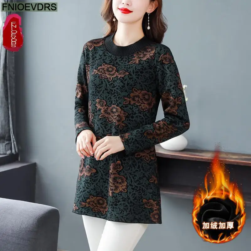 Winter Spring Women Elegant Office Lady Retro Vintage Warm Velvet Tops Flower Floral Print Long Tunic Basic Shirts Blouses