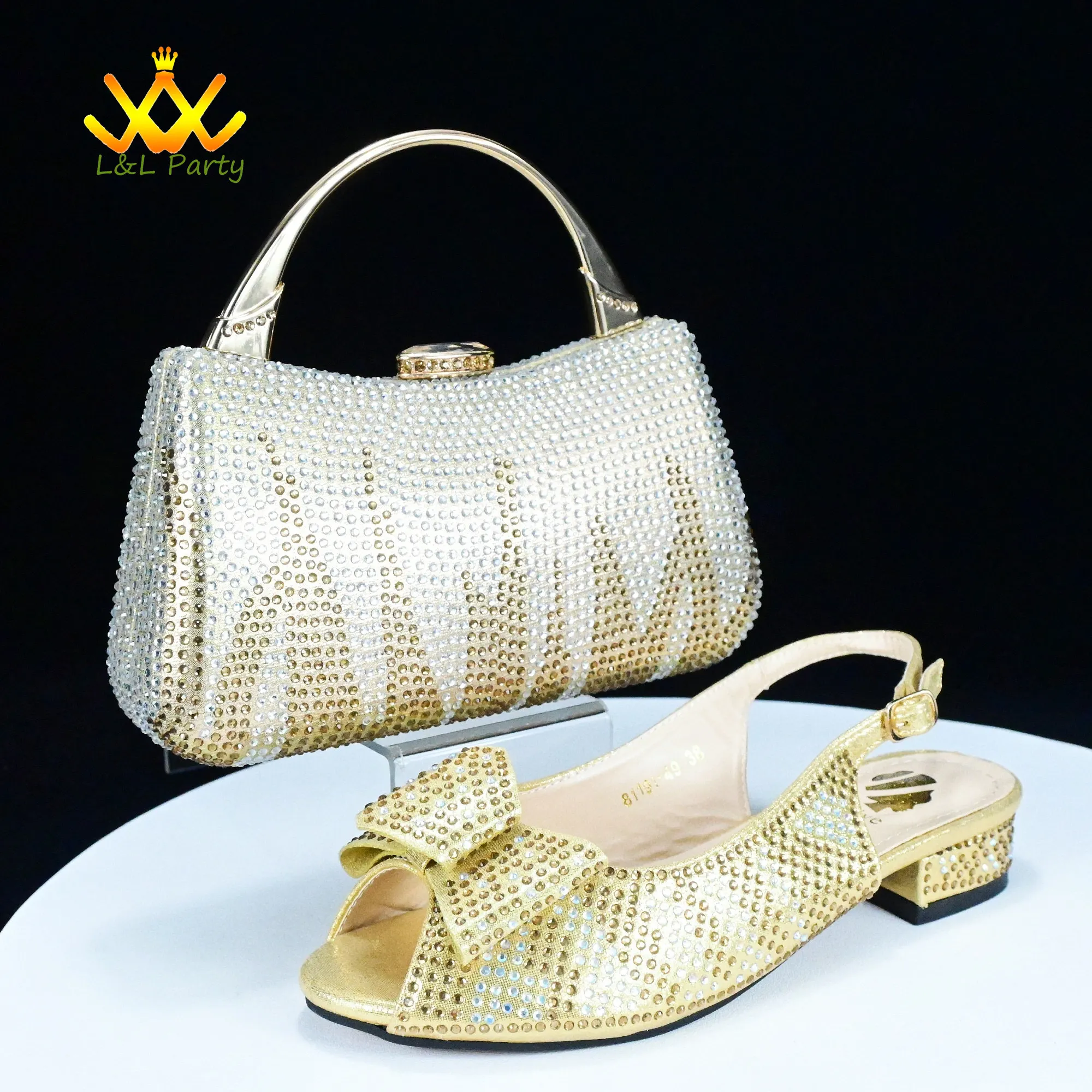 Low Heels Fashion 2024 Spring Summer New Design Nigerian Women Shoes and Bag Set in Gold Color Italian Women Design For Wedding