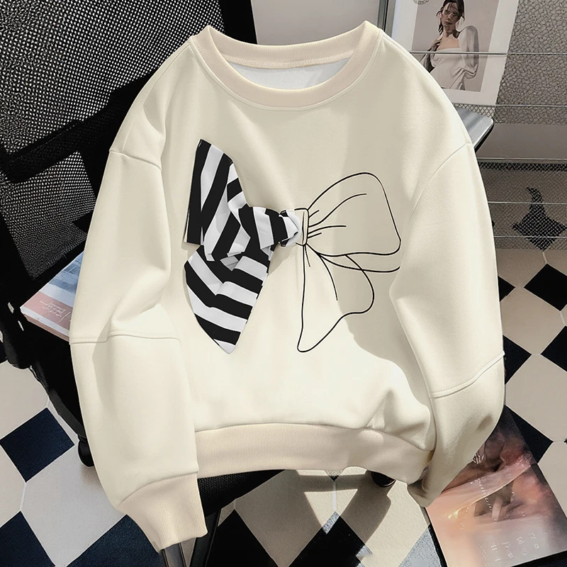 

Women's Creamy-White Striped Bow Print Sweatshirt Casual Loose Round Neck Long Sleeve Pullover Top