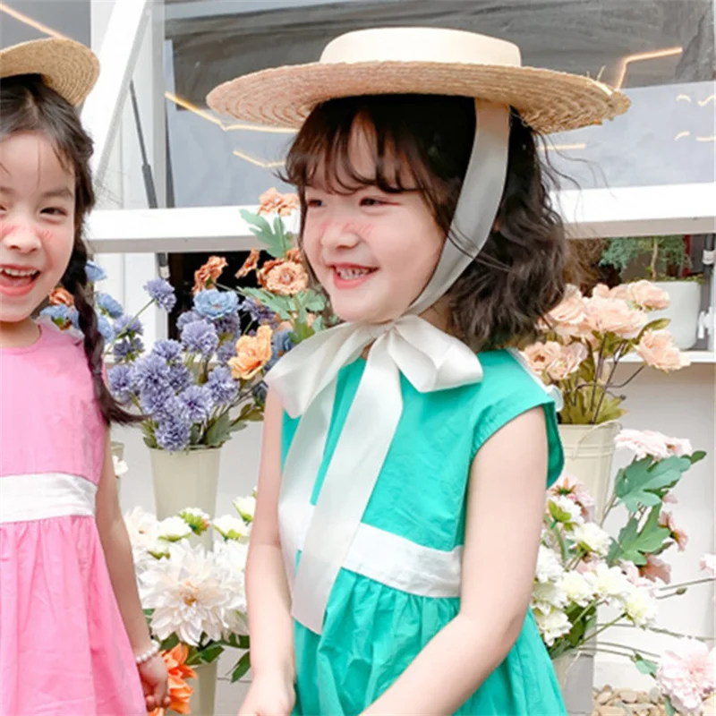 Fashion Vintage Children Girl Princess Sunhats Flat Top Ribbon Outdoor Beach Holiday Sunprotection Summer Straw Hat Cap for Kids