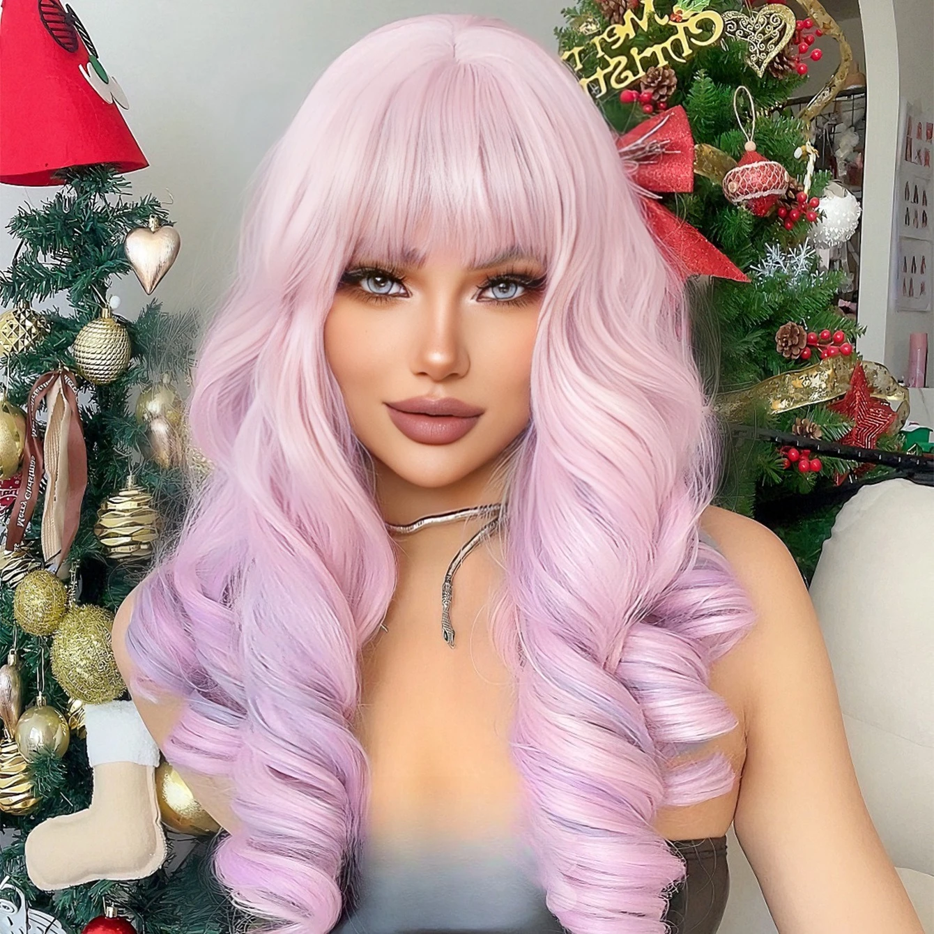 

Wig female long curly hair rainbow candy Qi bangs jk realistic scalp chemical fiber full headgear