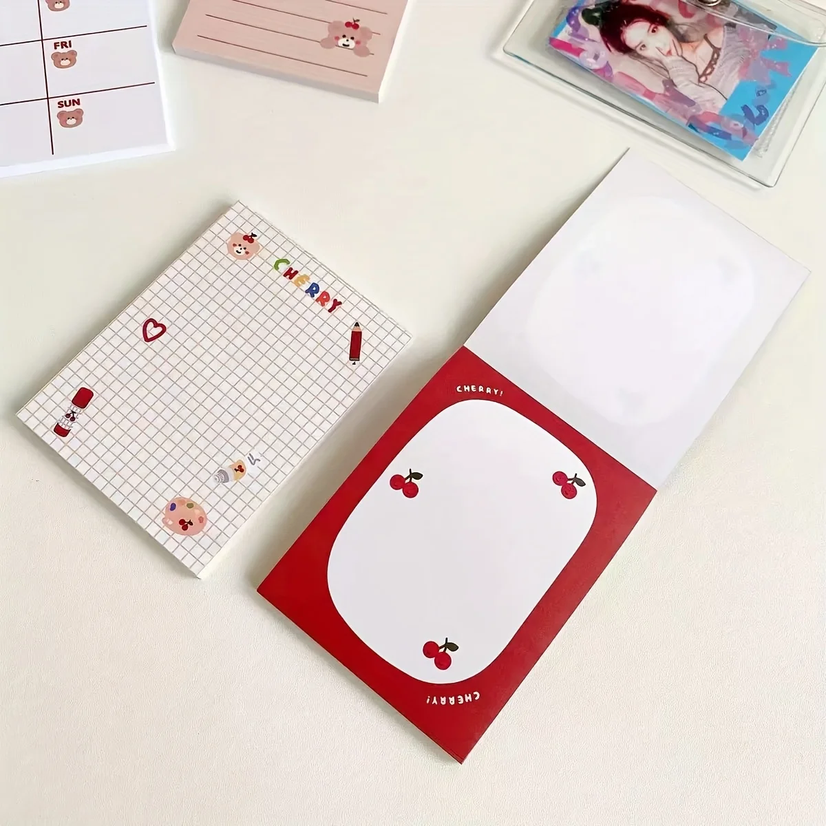 4pcs Cute Korean-Style Cherry Bear Sticky Notes, Portable And Non-Adhesive Memo Pads