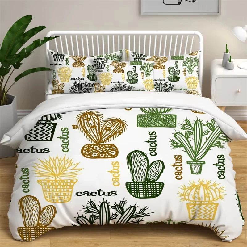 Cartoon Cactus Duvet Cover Full Queen Prickly Pear Bedding Set Desert Plant Quilt Cover Botanical Garden Style Comforter Cover