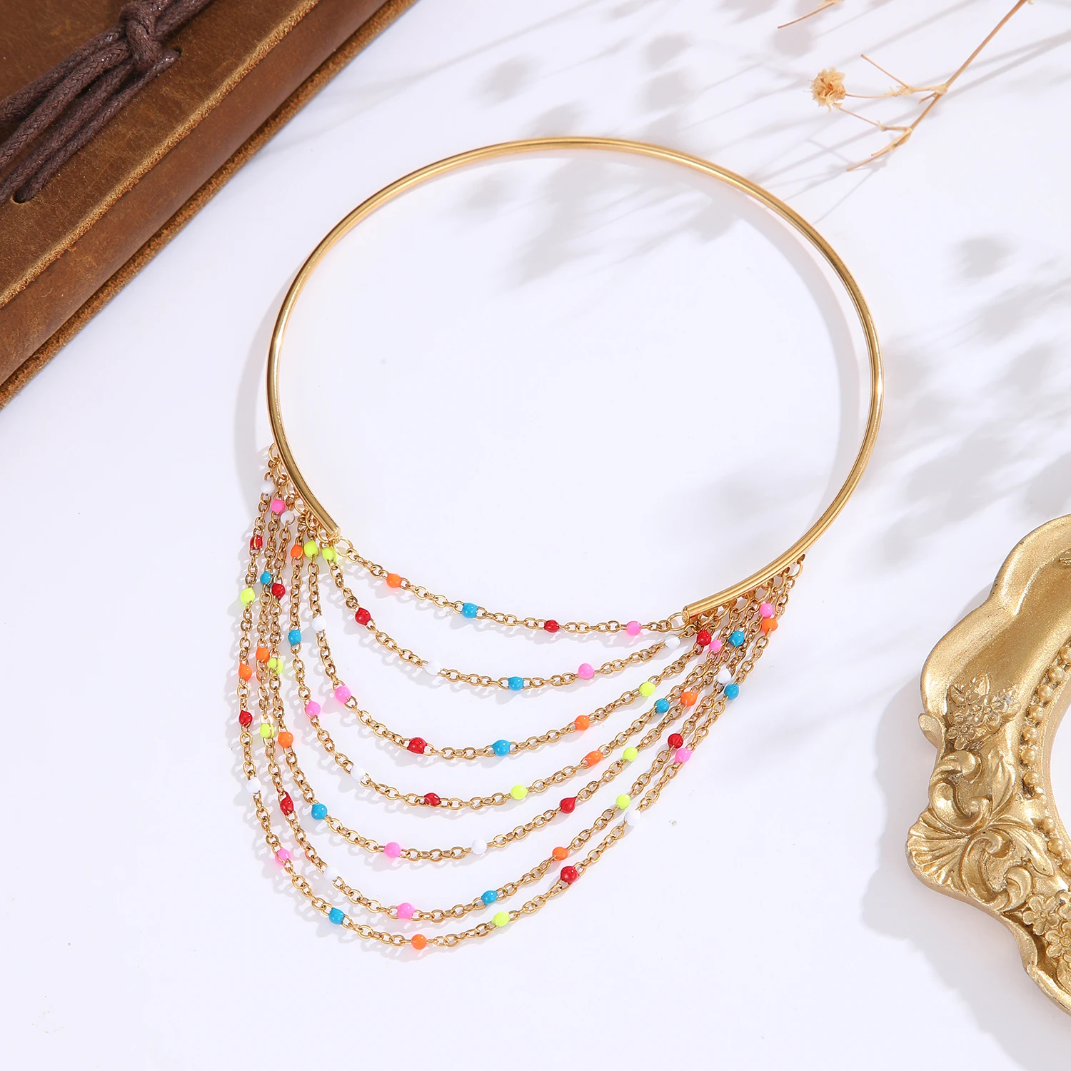 Boho Gold Color Layered Tassel Arm Cuff Bracelet for Women Multilayer Chain Beaded Upper Arm Bangle Hollow Armband Party Jewelry