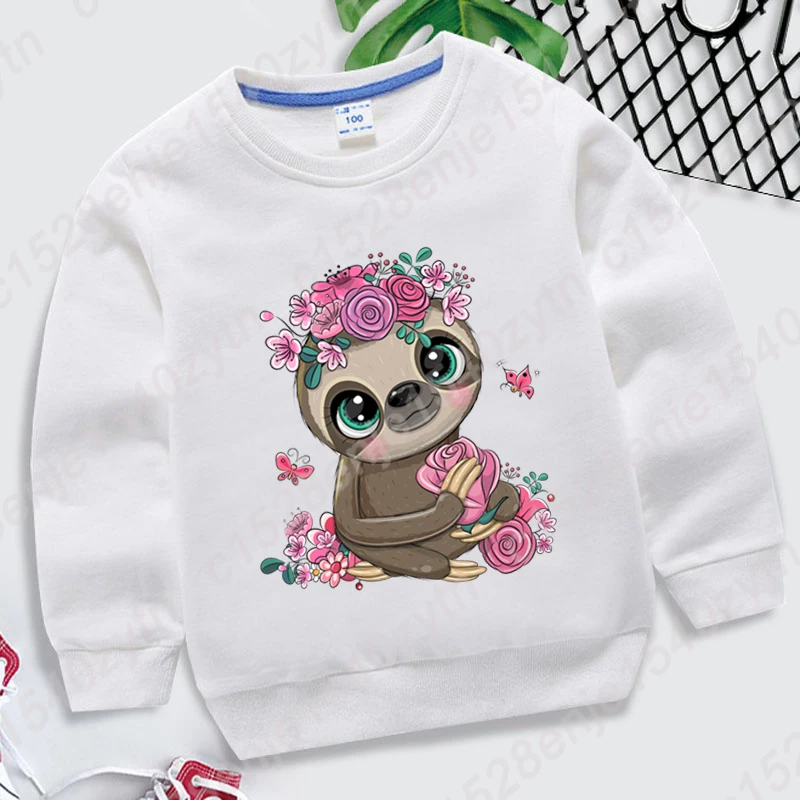 Sloth Flower Print Pullover Fashion Round Neck Top Kids Boys Girls Hoodless Sweatshirt Long-sleeved Autumn And Winter Sweatshirt