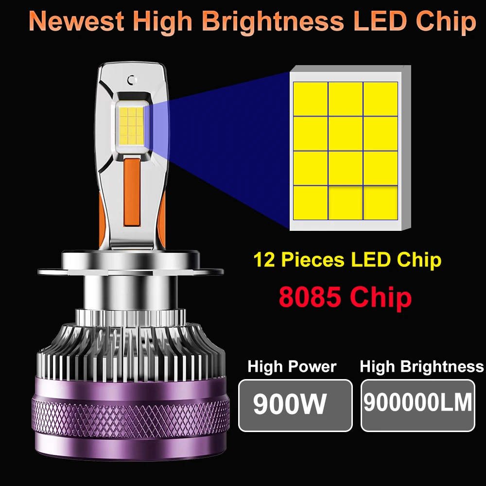 DOMX 900W H7 H4 LED Car Headlight CANBUS Lamp H8 H9 H11 HB3 9005 HB4 9006 900000LM Bulb Three Copper Tube Light for Auto 12V 24V