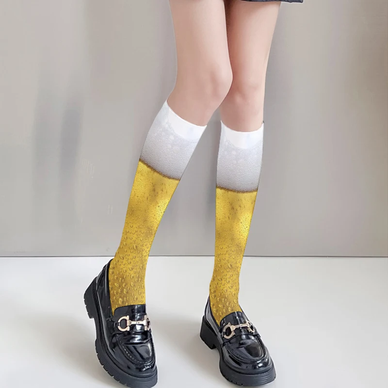 Funny Beer 3D Printing Calf Socks Thin Summer Knee Elastic Nylon Stockings High Quality Beer Bubble Cosplay Girl Knee High Socks