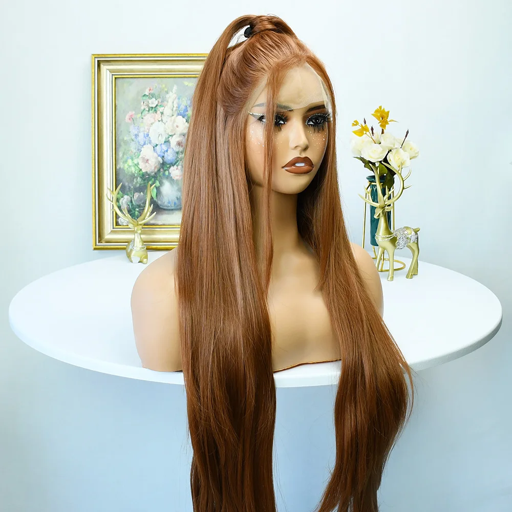 Светло-коричневый парик 13x4 Синтетический кружевной передний предварительно сорванный 30-дюймовый длинный прямой бесклеевой шоколадный светло-коричневый парик для чернокожих женщин