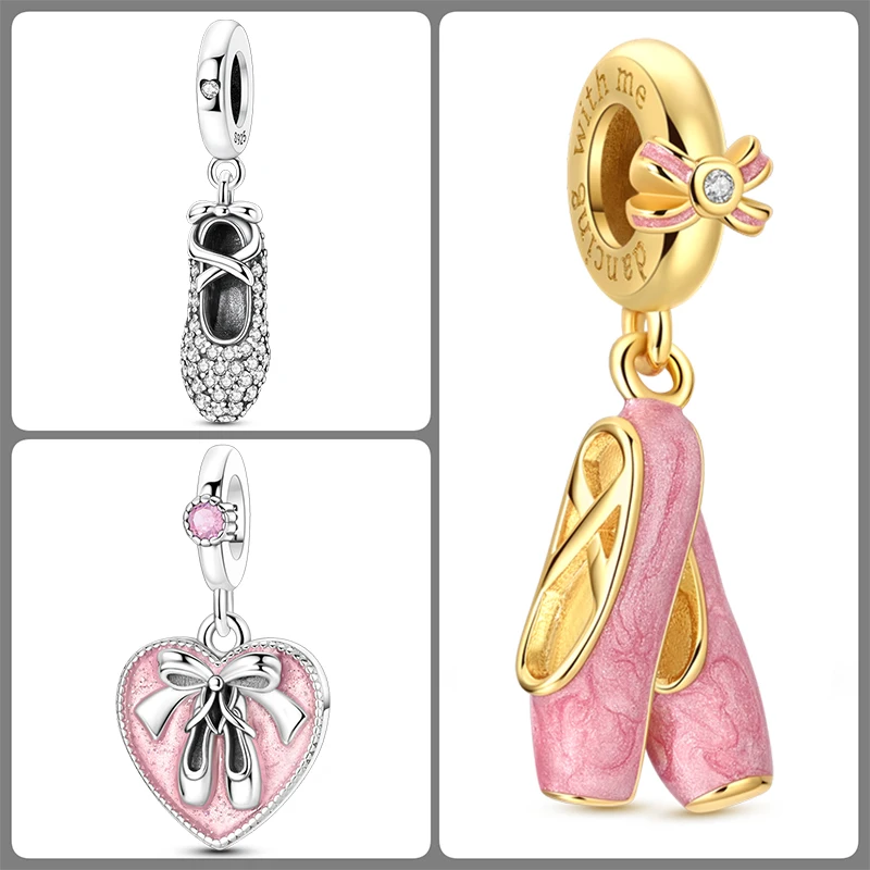 3-teiliges Ballett-Charm-Set aus 925er Sterlingsilber, Ballerina-Tanzschuhe, rosa Perlen, DIY-Armband, Halskette, Geschenk für Frauen und Mädchen – Detail 5