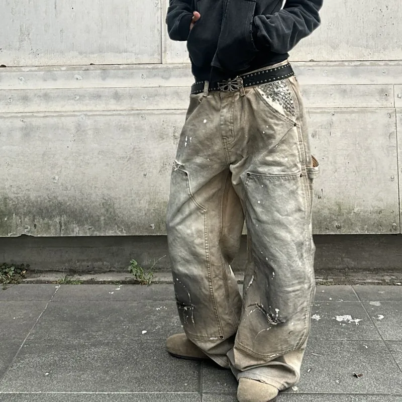 Waste Soil Style Dirty Wash Rivet Dirty Dyed Double-Knee Logging Pants Dirtyfit Straight Loose Splash-Ink Worn Jeans